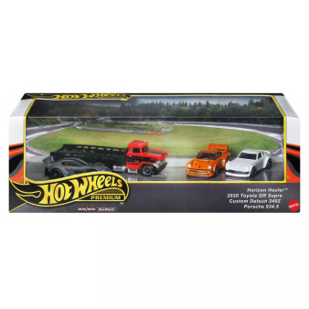 Hot Wheels Premium Die-Cast Car Set, 4-Pack with Horizon Hauler, Toyota GR Supra, Datsun 240Z, Porsche 934.5