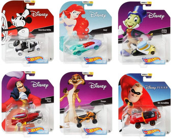 Hot Wheels Disney Pixar Character Cars Series 6, Set of 6 Collectible Die Cast Toy Cars Steamboat Willie, Ariel, Jiminy Cricket, Captain Hook, Timon & Mr. Incredible