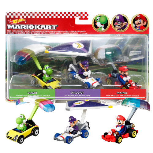 Hot Wheels Super Mario Kart Glider 3 Pack Yoshi Waluigi Mario HDB38 from Pappystoyshop.com