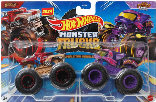 Hot Wheels Monster Trucks Demolition Double 2024 Hotweiler and Scratch Attack JDF99 from Pappystoyshop.com