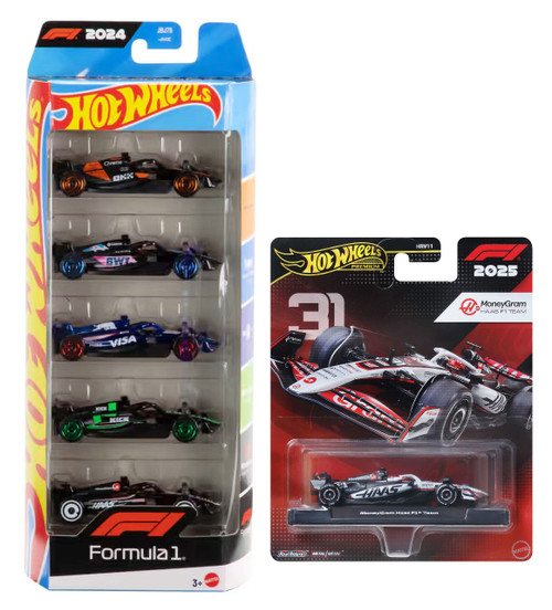 Hot Wheels Premium Formula 1 Bundle 2024 5-Pack and 2025 MoneyGram Haas F1 Team #31 JGF58-JKD78 from Pappystoyshop.com