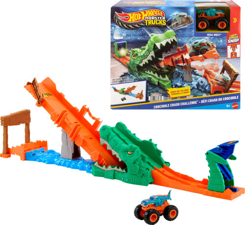 Hot Wheels Monster Trucks 1:64 Scale Mega-Wrex Crash Challenge Crocodile Playset JJN45 from Pappystoyshop.com