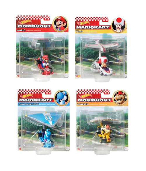 Hot Wheels Mario Kart Character Gliders Bundle of 4 Bowser Light-Blue Yoshi Mario & Toad GVD30-956M from Pappystoyshop.com