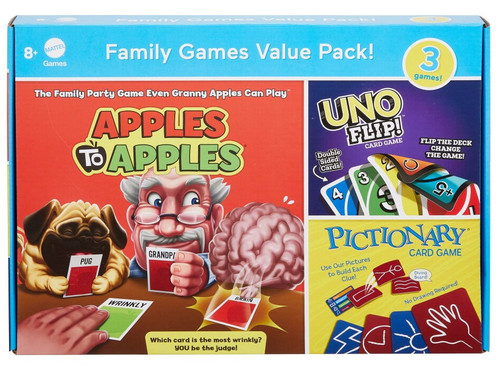 Mattel Games Family Fun Pack 3 Games: Apples to Apples Uno Flip Pictionary HGP61 from Pappystoyshop.com