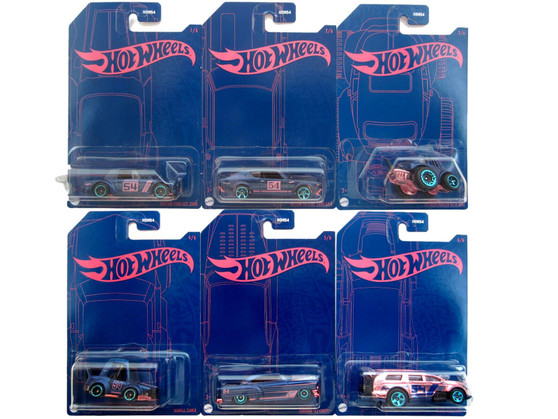 Hot Wheels 2022 Wave 2 Blue and Pink 54th Anniversary Complete Set of 6 Diecast Vehicles Including Chase