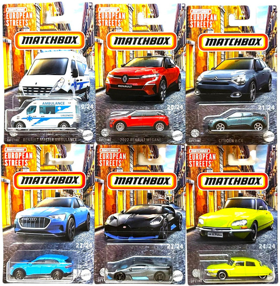 Matchbox European Streets Die-Cast Cars Collection, Set of 6, Featuring Renault Master Ambulance, Renault Megane, Citroen C4, Audi e-tron, Bugatti, Classic Citroen HVV05-979D