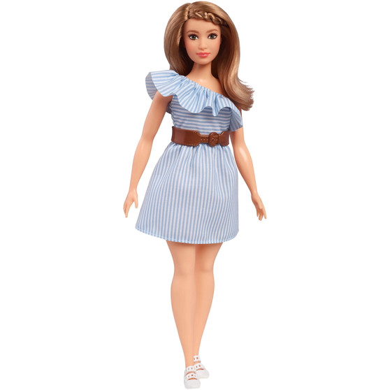 Barbie Fashionistas Doll, Curvy with Pinstripe One-Shoulder Dress