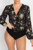 Serilda Long Sleeves Stripe Floral Wrap Bodysuit Black