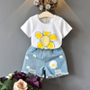 Girls Basic Round Neck Short-Sleeved Floral Print T-Shirt And Denim Shorts Two-Piece Set - 35BC9BA-2