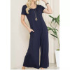 Solid Short Sleeve V Neck Jumpsuit with Low Back - S001670B002162P000004V021