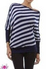 Blue Asymmetric Off Shoulder Striped Sweater With Button Detail Along Sleeve