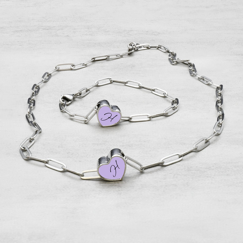 Pastel Initial Paperclip Necklace And Bracelet Set by Pink Box - CLRFLSET-8.24.PPC-HRT-SCRIP-H-SLV