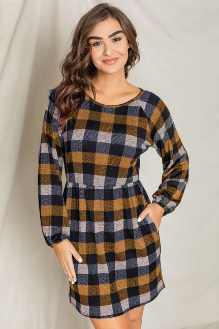 Checkered Bishop Sleeve Mini Dress - 1Eloges354