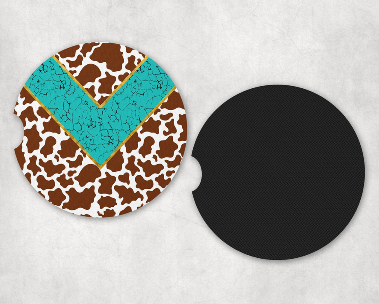 Cow Print Turquoise V Neoprene Car Coaster Set