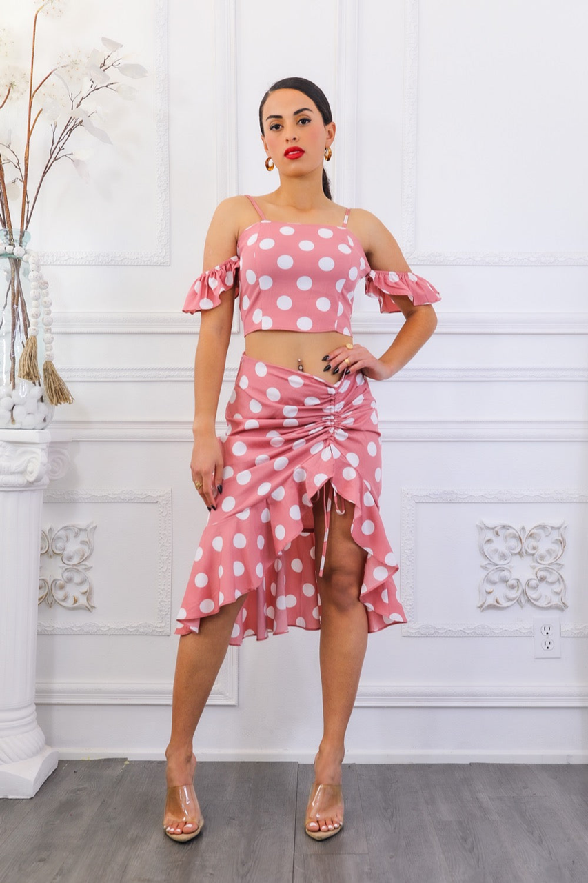 Polkadot Printed Crop Top and Midi Skirt with Ruching Polkadot Printed Crop Top and Midi Skirt with Ruching