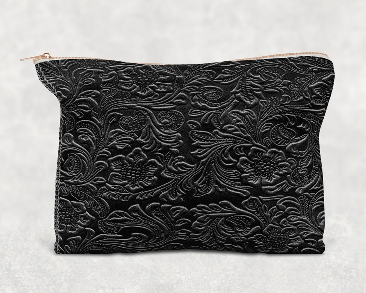 Gray Tooled Faux Leather  Printed Canvas Zipper Bag