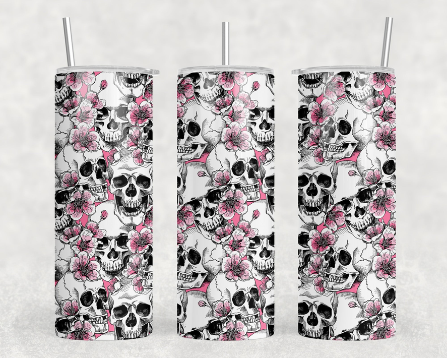 Skulls and Flowers - 20 oz Steel Skinny Tumbler - Optional Blue Tooth Speaker - Speaker Color will Vary