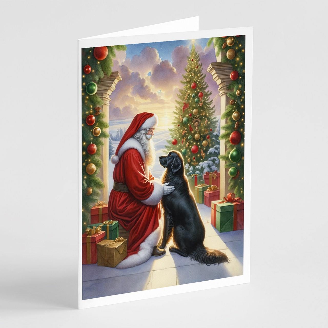 Flat-Coated Retriever and Santa Claus Greeting Cards Pack of 8
