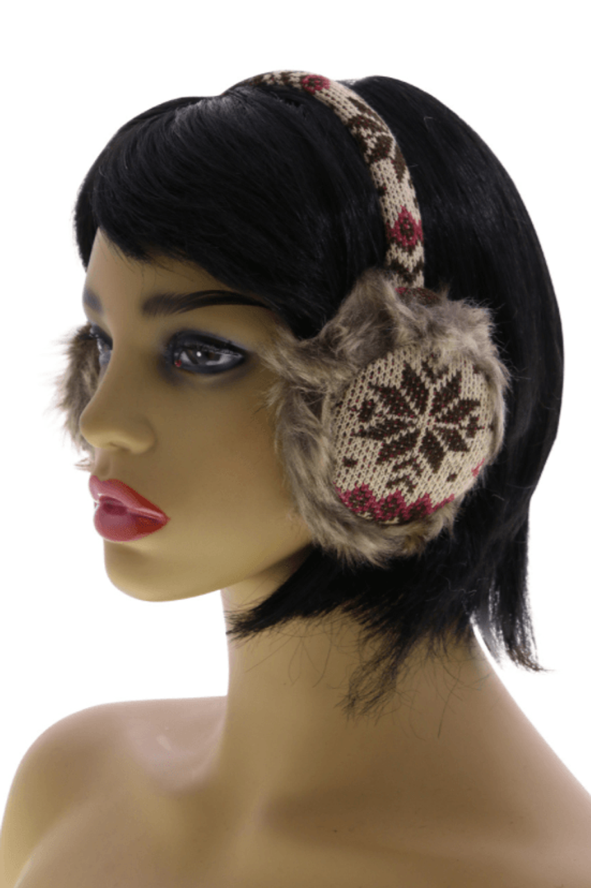 Snowflake Earmuffs with Fur Trim - EMFDRKBRWN