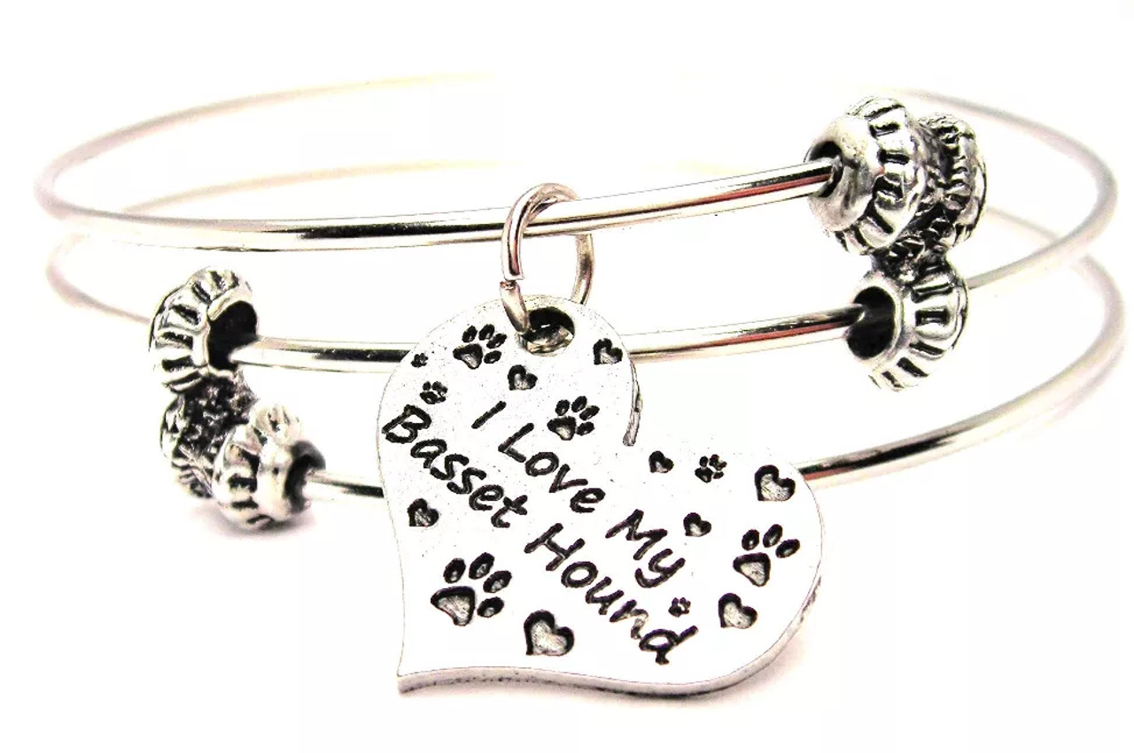 I Love My Basset Hound Heart Triple Style Bangle Bracelet