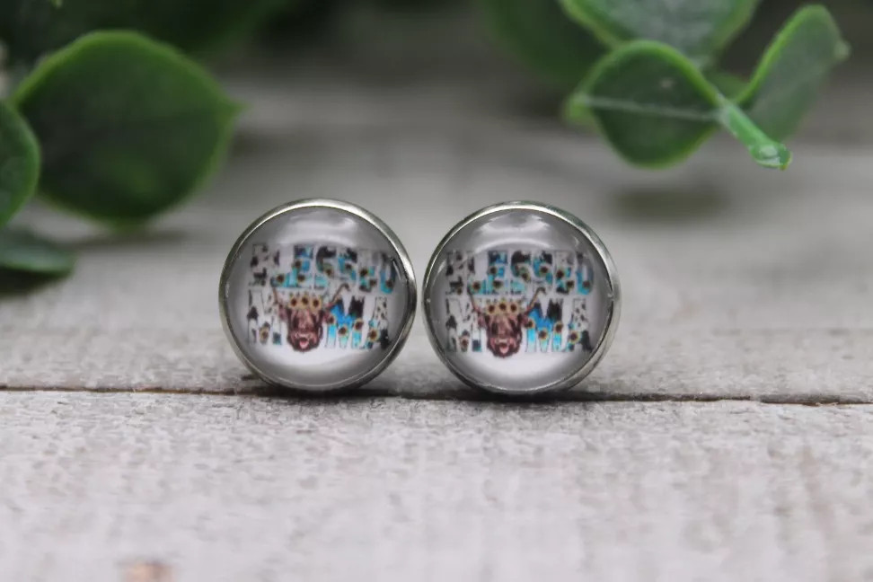 Blessed Mama Highland Cow  Glass Stud Earrings
