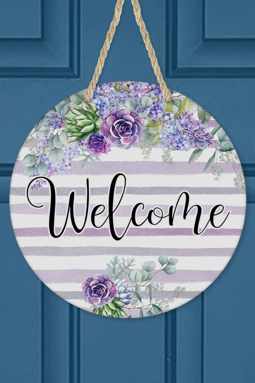 Home Decor Welcome Purple Blue Flowers Wall Sign Door Hanger
