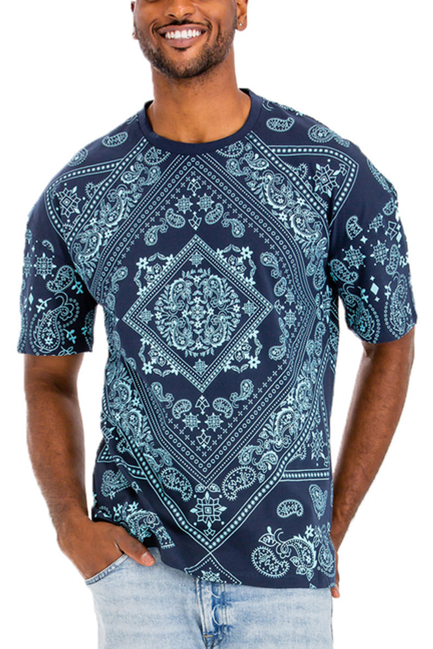 Paisley Print Tshirt - WT3701-NAVYAQUA-2X