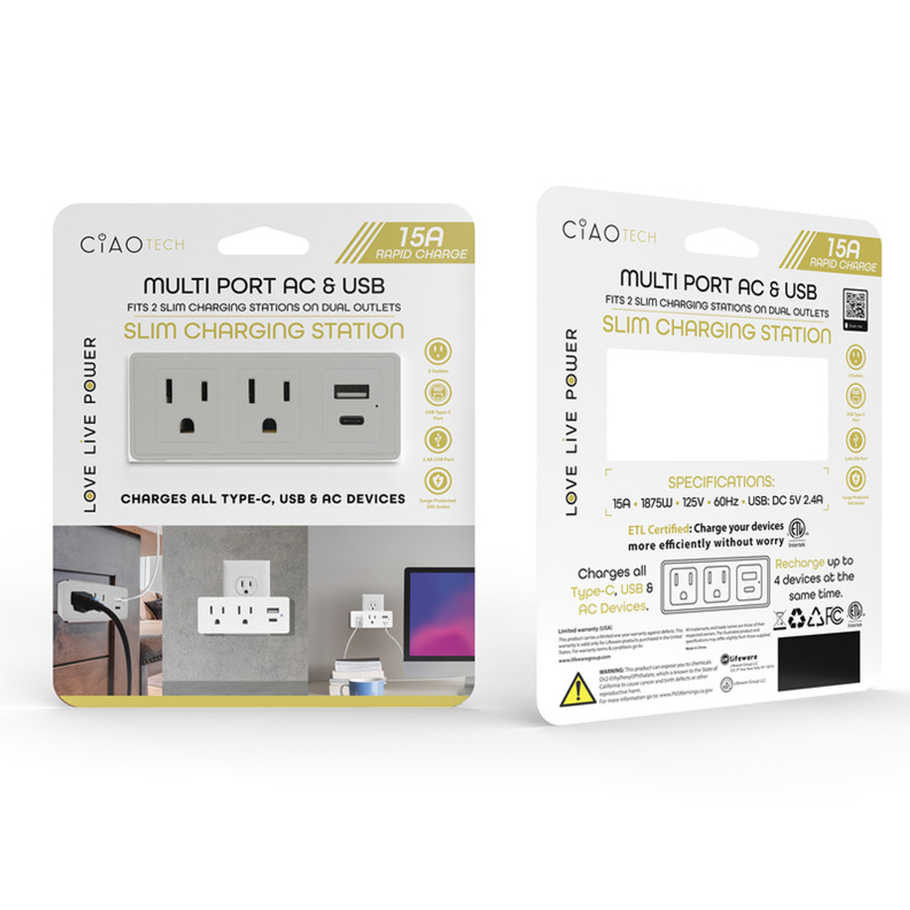 Slim Multiport Charging Station 2 Outlets + 1 USB + 1 Type C w/ Surge Protection