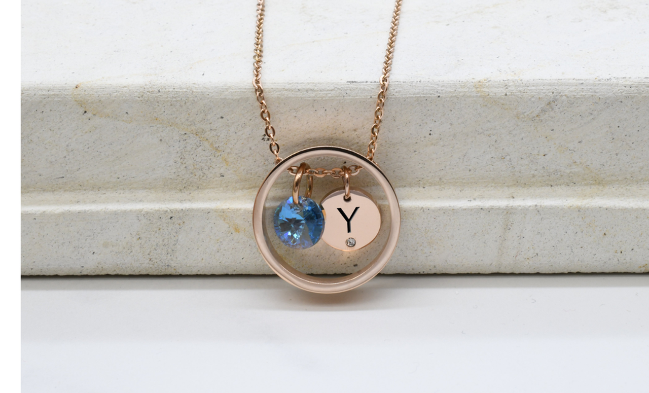 Initial Ring Necklace With Austrian Crystal By Pink Box - PinkBox3-11116