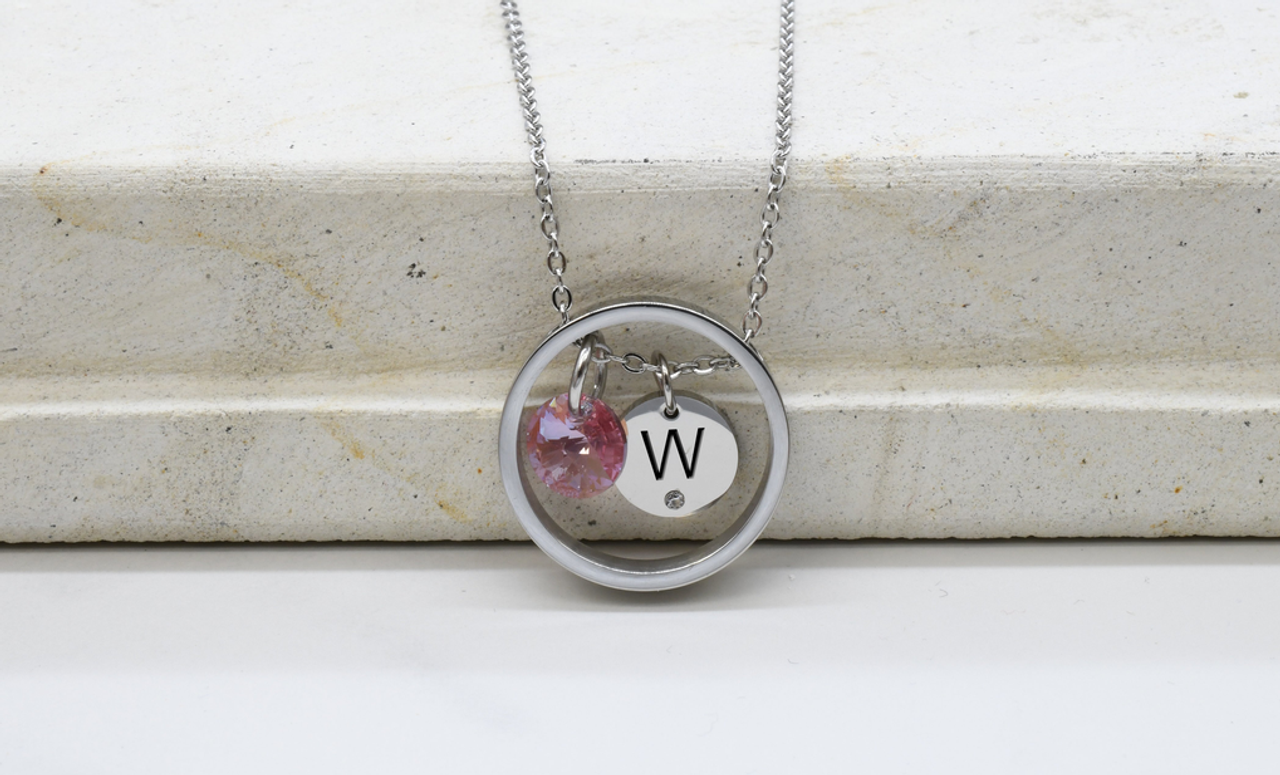 Initial Ring Necklace With Austrian Crystal By Pink Box - PinkBox3-11062