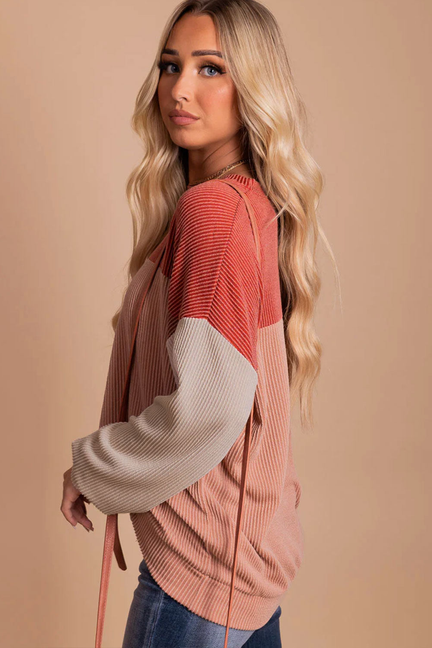 Rachel Block Long Sleeve Ribbed Loose Top - RachelRibbedLooseTop-Pink-S