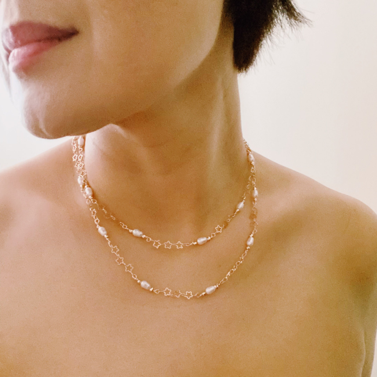 Mini Pearl Mini Star Long Chain Necklace