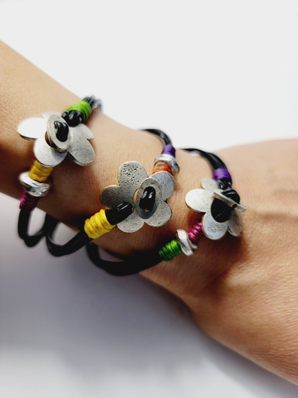 Handmade Bracelet, Genuine Leather,Brass on Silver Pleaded