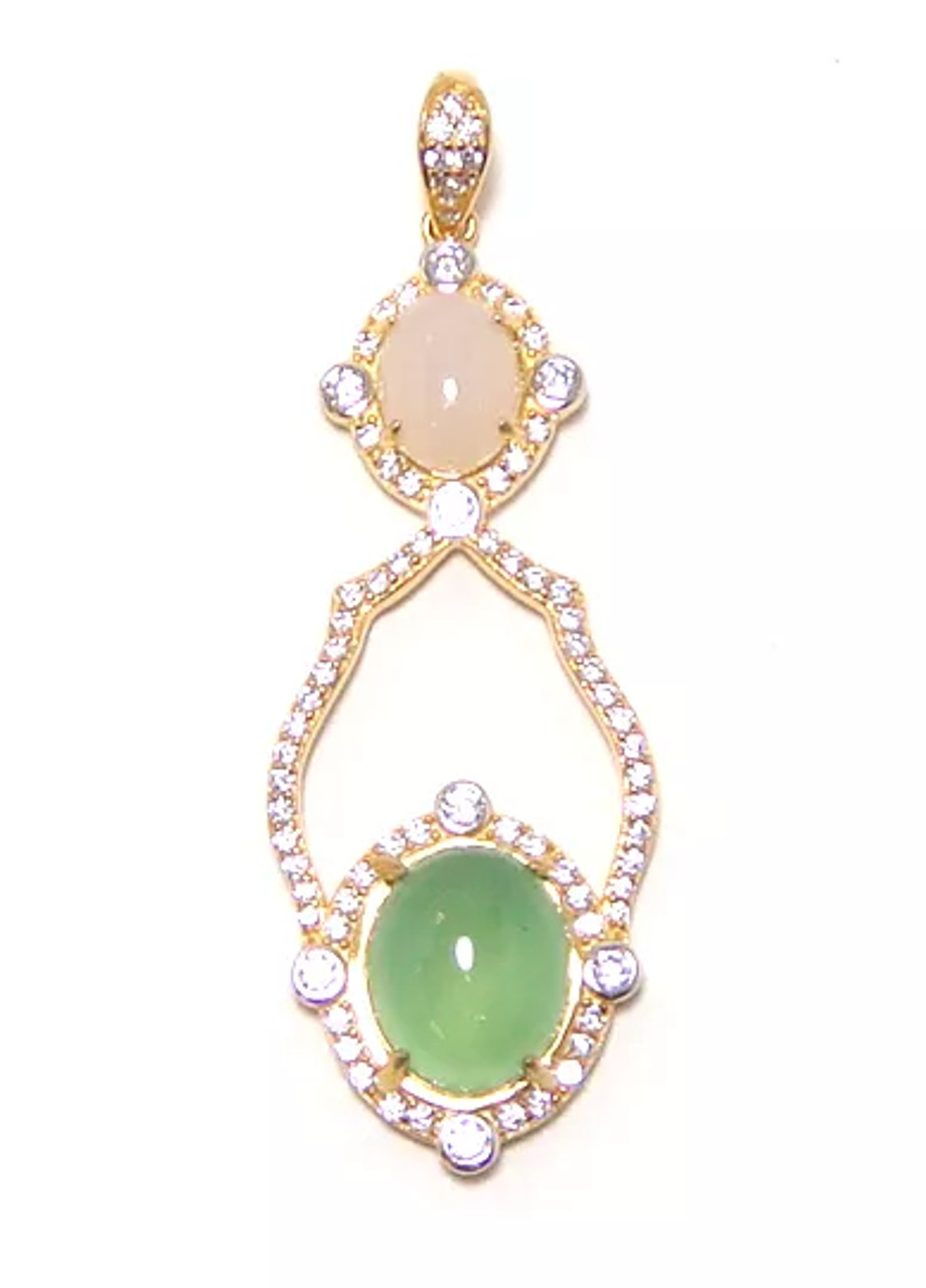 Natural Green Agate & White Jade Pendant, 925 Sterling Silver