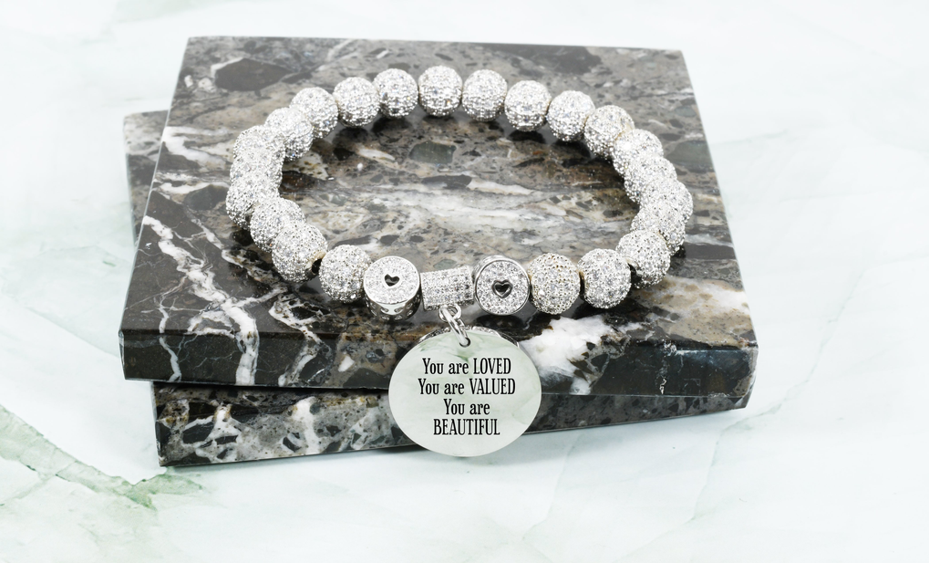 Iced Out Hearts Inspirational Stretch Bracelet - HRTOYOUARELOVEDSLVMD