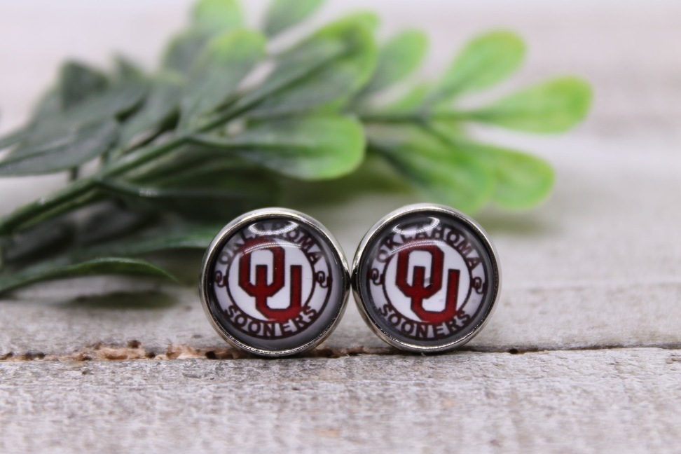 Sooners Football Circle || 12mm Glass Stud Earrings
