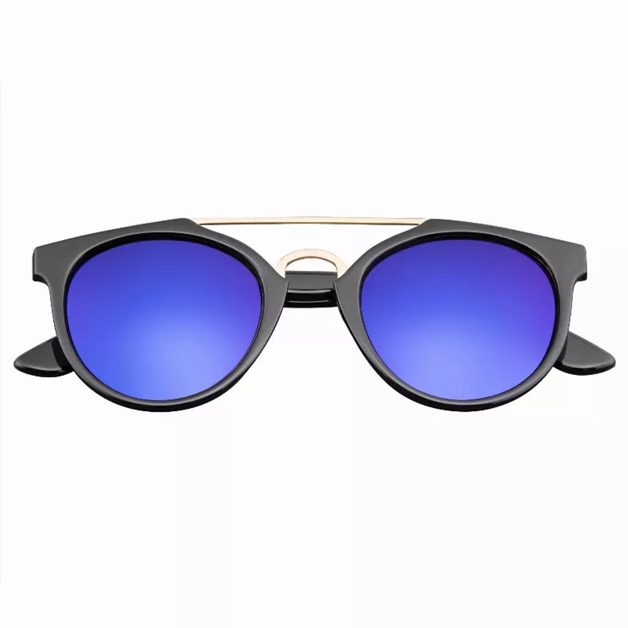 Vintage Inspired Dapper Cross Bar Horned Rim Flash Mirror Lens Sunglasses - P1501RVBLU-2