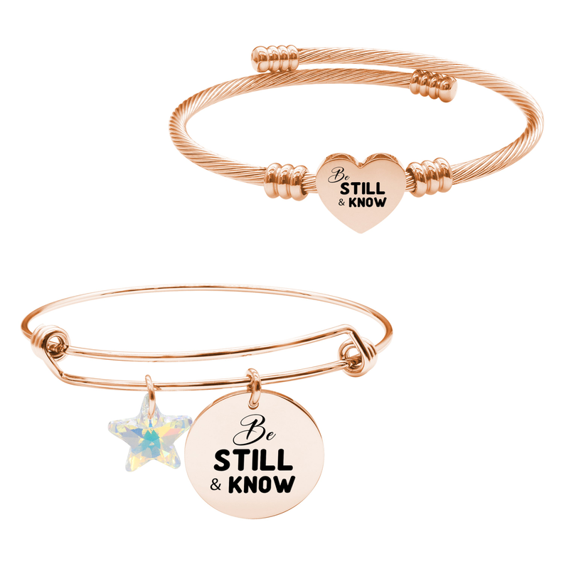 Rose Gold Plated Wire Bangle With Austrian Crystal And Heart Cable Set By Pink Box Part 2 - 23.SET.SWASTRBNGL.OHC-SVG.BESTRONGANDCOURAGEOUS-RGD