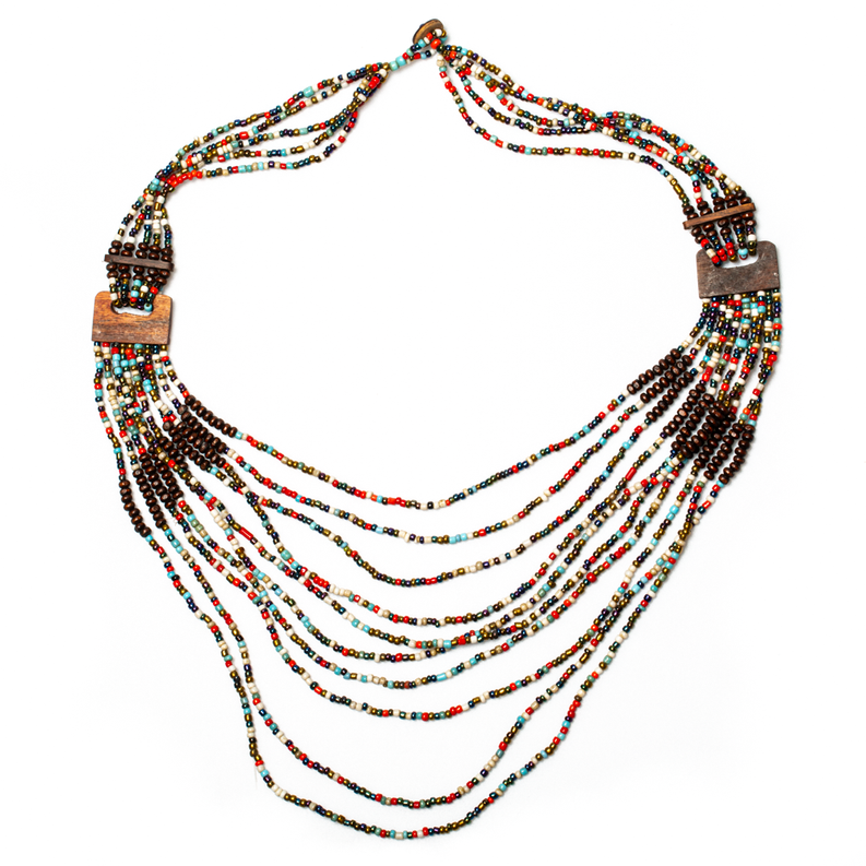 Long Multi Strand Necklace With Wood Detail - PP6203M