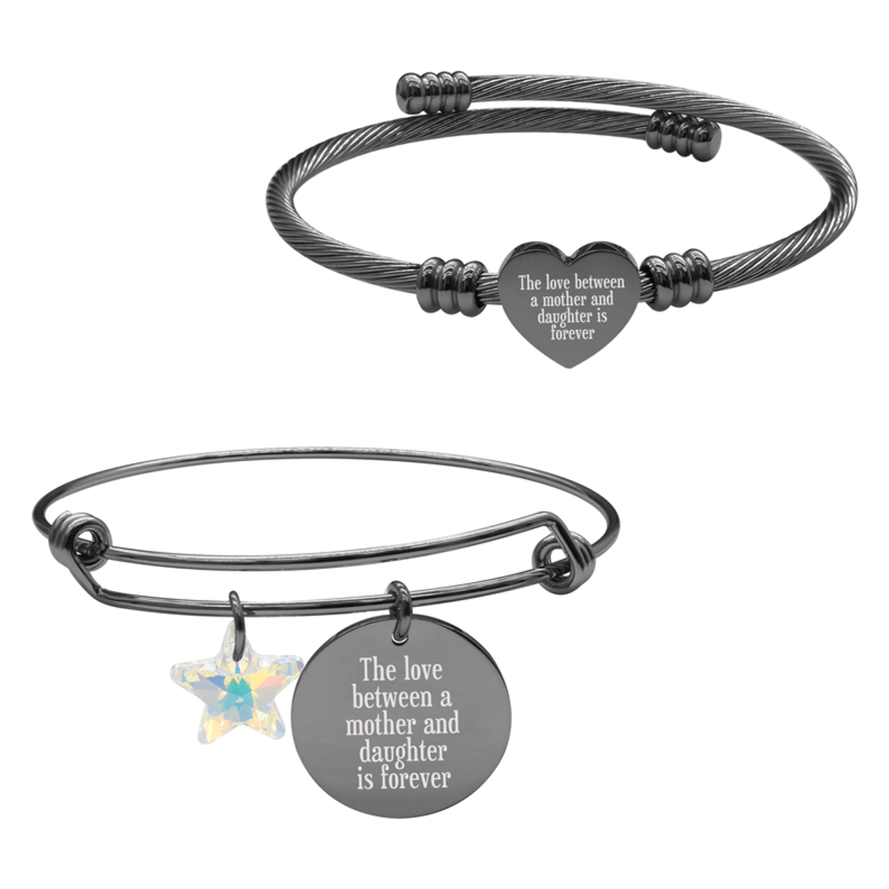 Black Wire Bangle With Austrian Crystal And Heart Cable Set By Pink Box Part 1 - 23.SET.SWASTRBNGL.OHC-LOVEBETMOTHER-BLK