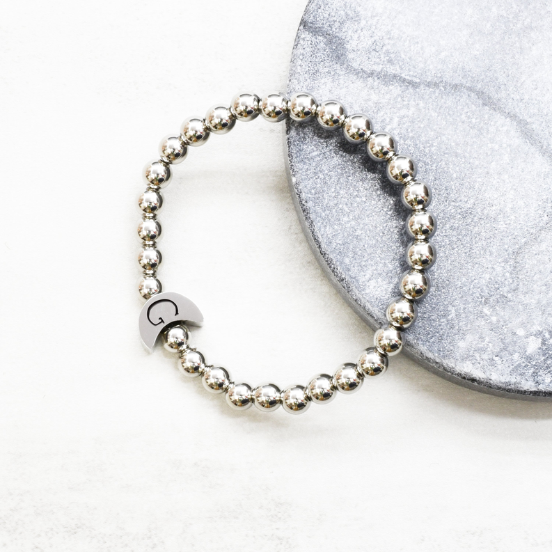 7 Inch Beaded Heart Moon Or Star Initial Bracelets By Pink Box - 23.SS6MM-MOON-BRI-G-SLV-7