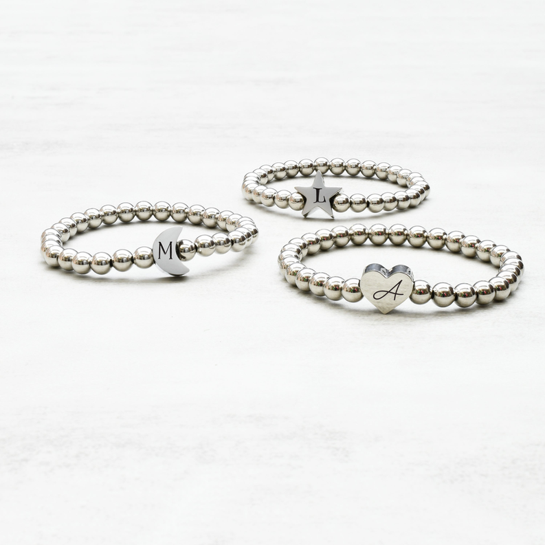 7 Inch Beaded Heart Moon Or Star Initial Bracelets By Pink Box - 23.SS6MM-STAR-HEN-G-SLV-7