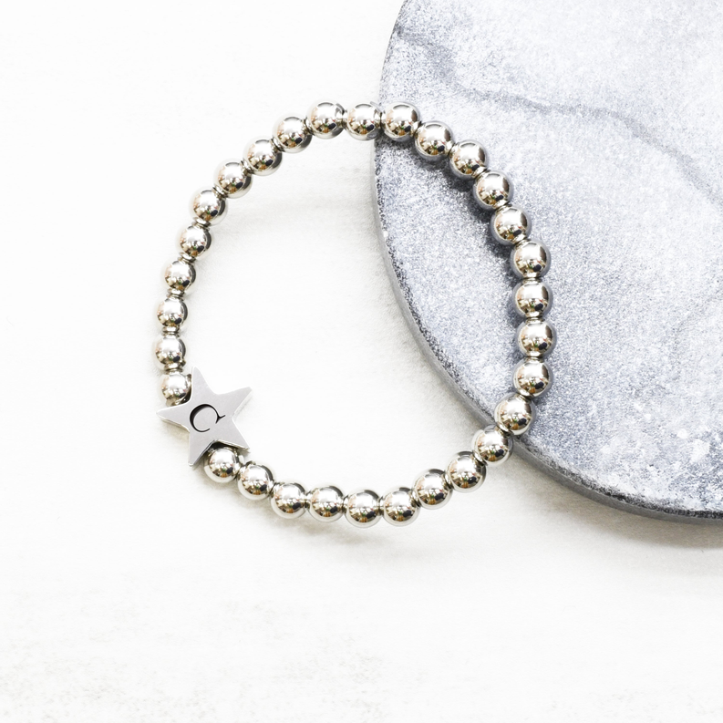 7 Inch Beaded Heart Moon Or Star Initial Bracelets By Pink Box - 23.SS6MM-STAR-HEN-C-SLV-7