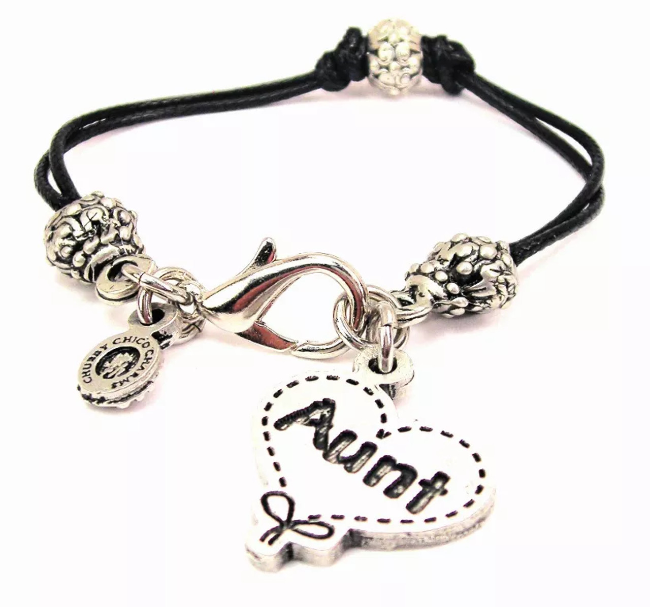 Aunt Quilted Heart Pewter Beaded Black Cord Bracelet