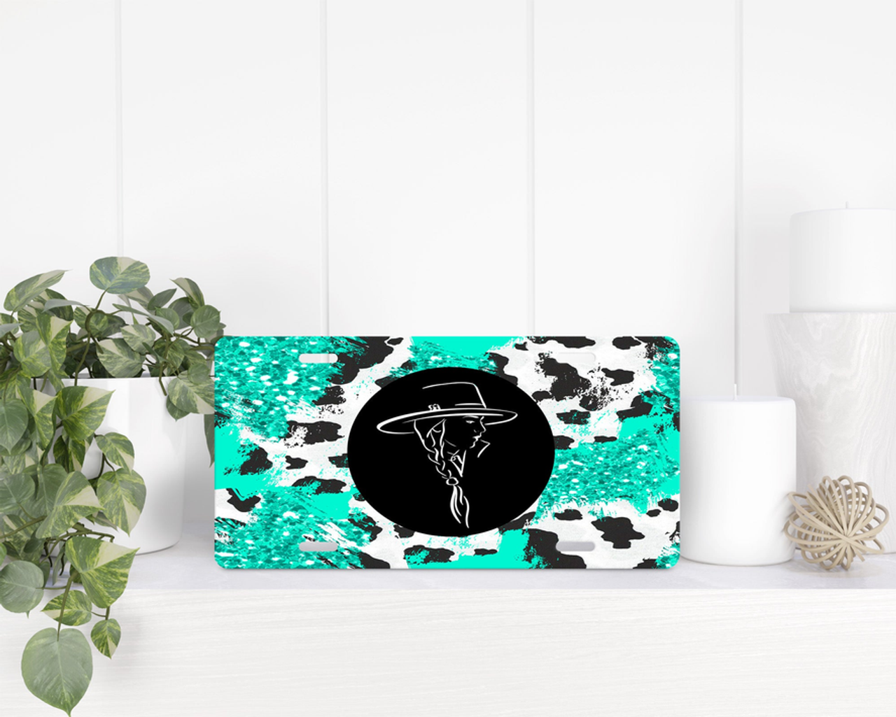 Blue Cow Print Cowgirl License Plate