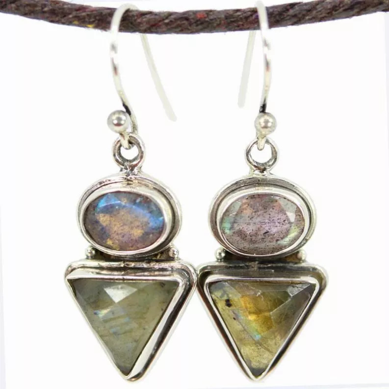 Tribal Style Trillion and Oval Cut Labradorite Earrings