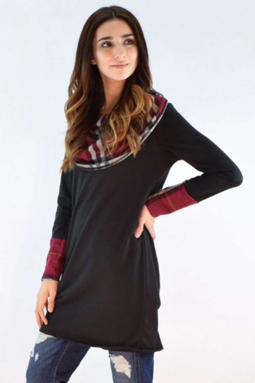 Plaid Cowl Neck Tunic - 1Eloges1857