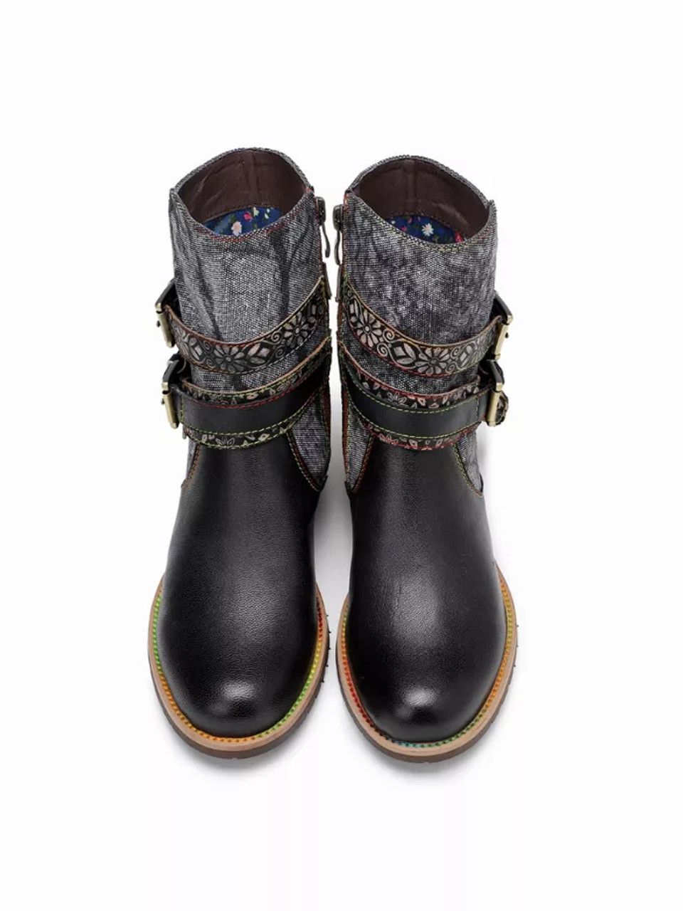 Soffia | Floral Embossed Strap Leather Moto Boot Soffia | Floral Embossed Strap Leather Moto Boot