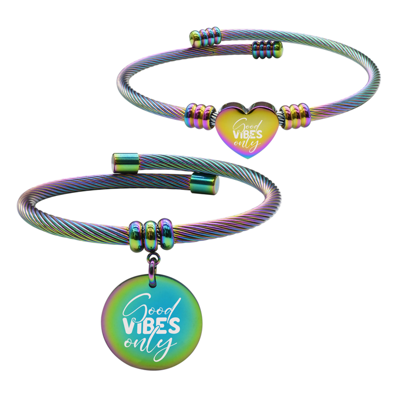 Rainbow Reversible Inspirational Cable Bracelet Set By Pink Box Part 2 - 23.SET-PBC.OHC-SVG.GOODVIBES-RBW