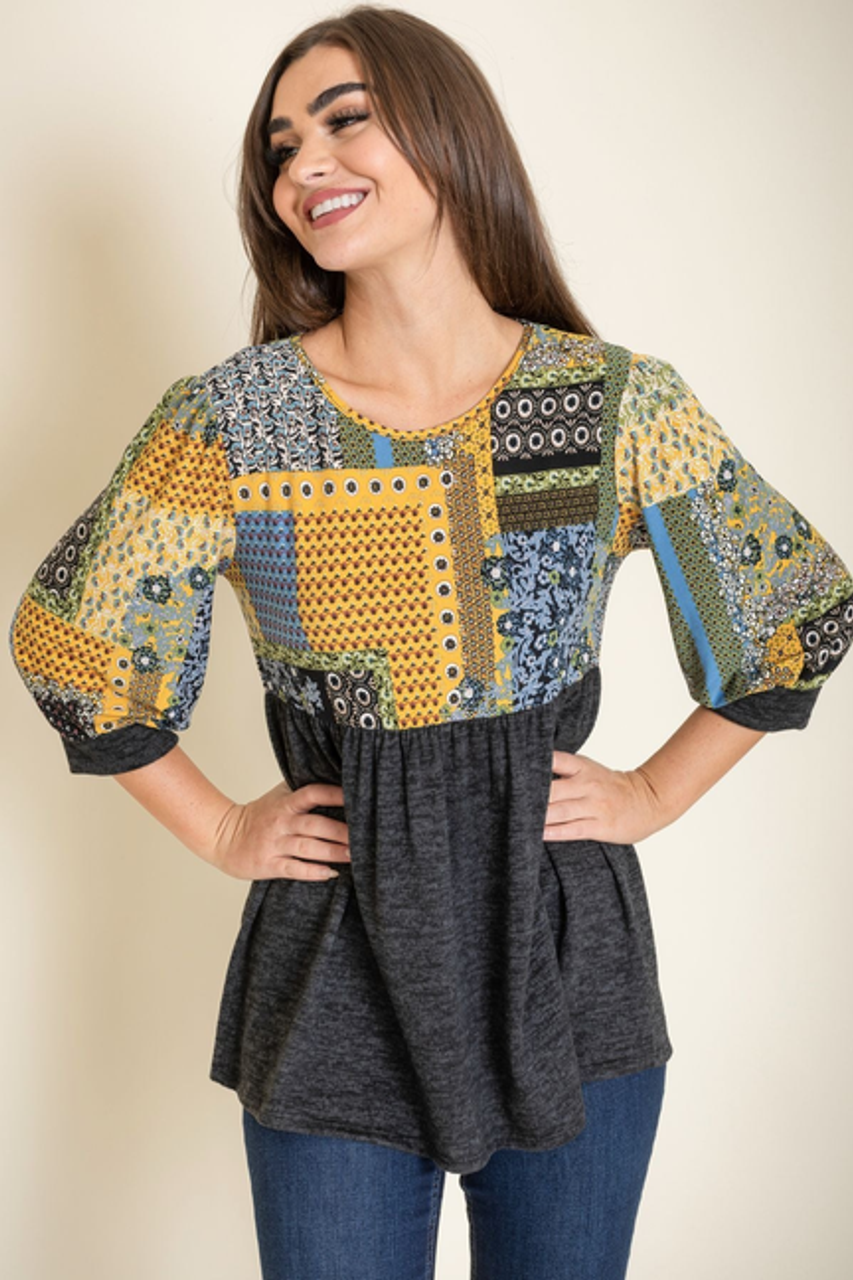 3/4 Sleeve Contrast Patchwork Printed Tunic - 1Eloges47